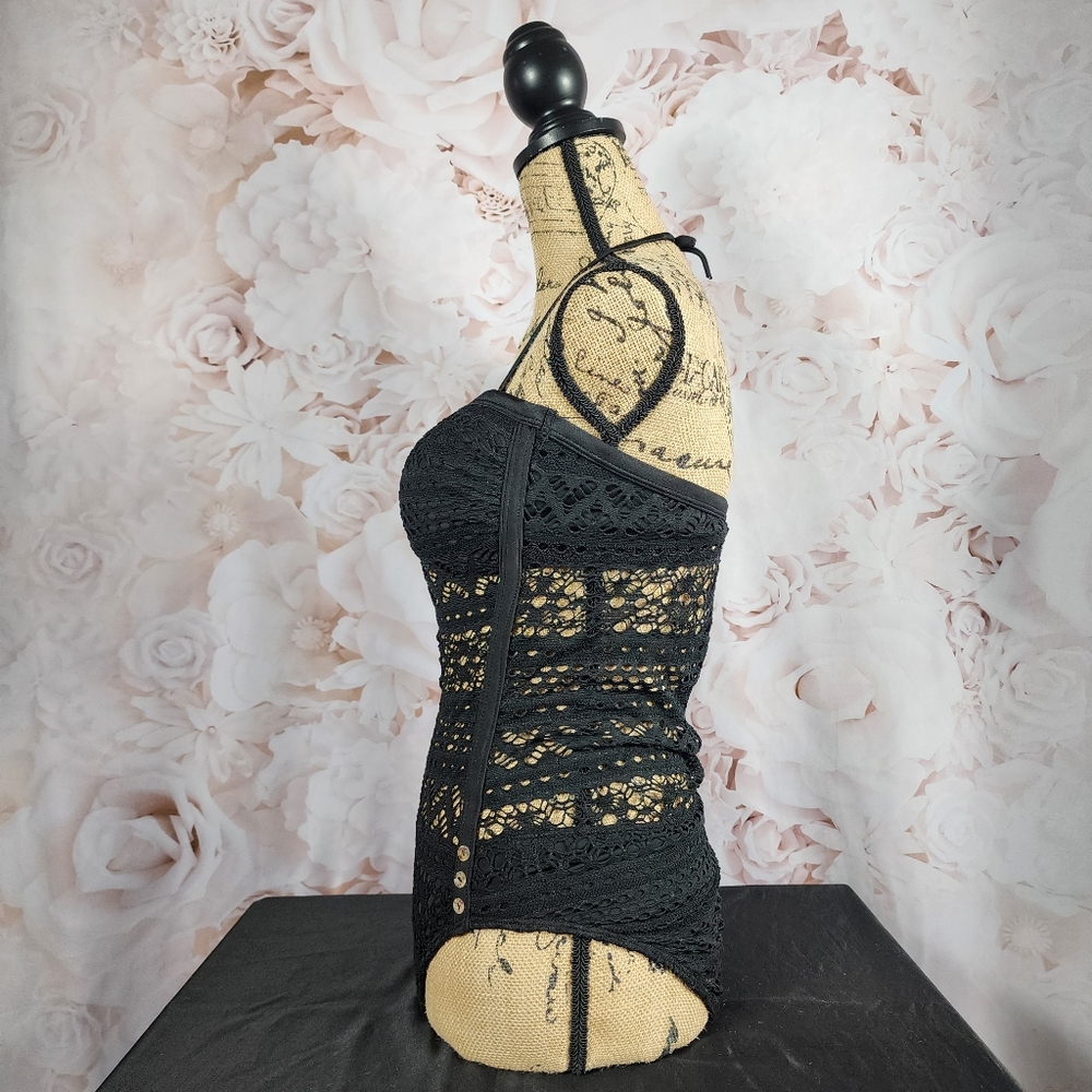 NWOT Black Fishnet One Piece Halter Bathing Suit - Picture 3 of 14